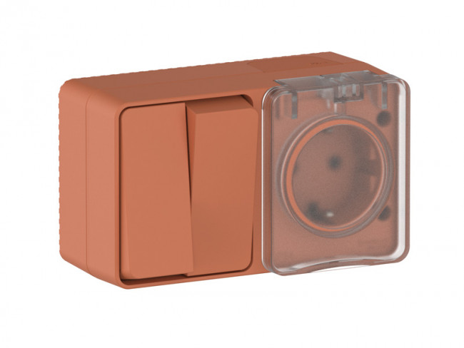 ATN547074 - AtlasDesign PROFI IP54 О/У БЛОК: РОЗ. з/к со шт. 16А, ВЫКЛ.2-клав.10А, ТЕРРАКОТОВЫЙ