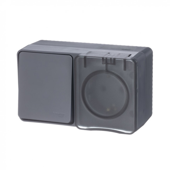 ATN544070 - AtlasDesign Profi54 ,открытый монтаж,  БЛОК: РОЗTЕТКА з/к со шторками 16А 250B, ВЫКЛЮЧАТЕЛЬ 1-клавишный 10А, АНТРАЦИТ