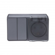 ATN544074 - AtlasDesign Profi54 ,открытый монтаж,  БЛОК: РОЗTЕТКА з/к со шторками 16А 250B, ВЫКЛЮЧАТЕЛЬ 2-клавишный 10А,  АНТРАЦИТ