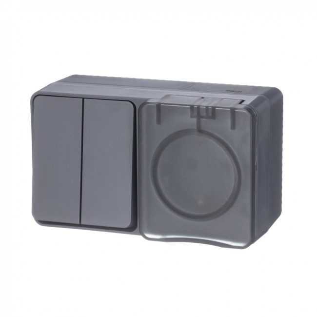 ATN544074 - AtlasDesign Profi54 ,открытый монтаж,  БЛОК: РОЗTЕТКА з/к со шторками 16А 250B, ВЫКЛЮЧАТЕЛЬ 2-клавишный 10А,  АНТРАЦИТ