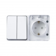 ATN540174 - AtlasDesign Profi54 ,открытый монтаж,  БЛОК: РОЗTЕТКА з/к со шторками 16А 250B, ВЫКЛЮЧАТЕЛЬ 2-клавишный 10А,  БЕЛЫЙ