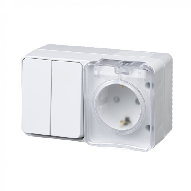 ATN540174 - AtlasDesign Profi54 ,открытый монтаж,  БЛОК: РОЗTЕТКА з/к со шторками 16А 250B, ВЫКЛЮЧАТЕЛЬ 2-клавишный 10А,  БЕЛЫЙ